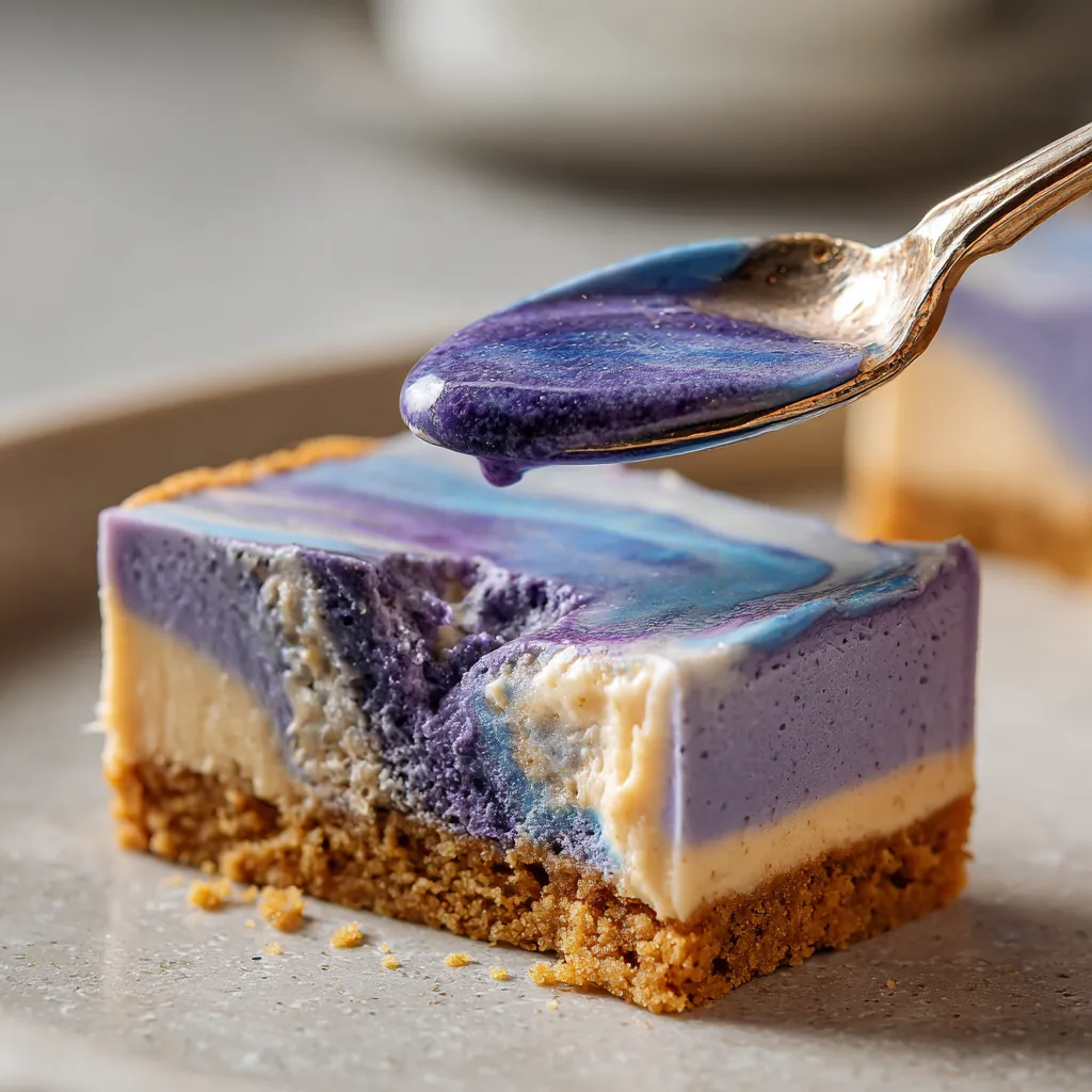 A piece of Aura Indigo Galaxy Butterfly Pea Cheesecake Bars.