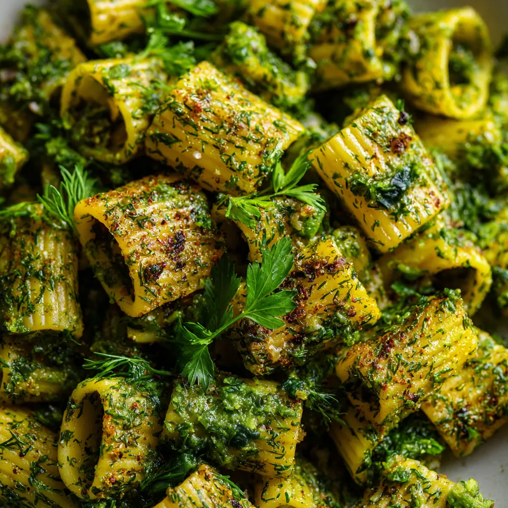 A plate of pasta with green toppings.