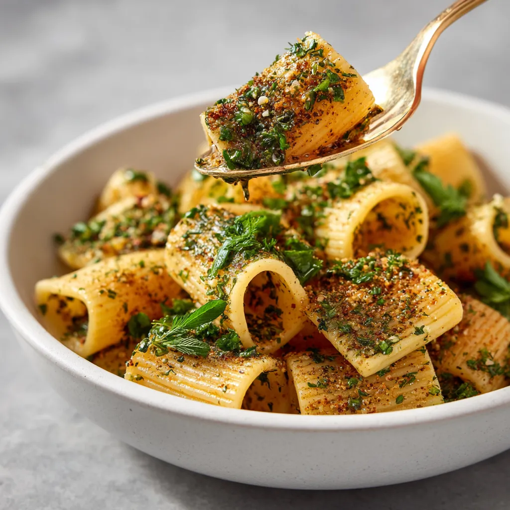 A bowl of pasta with a spoon in it.
