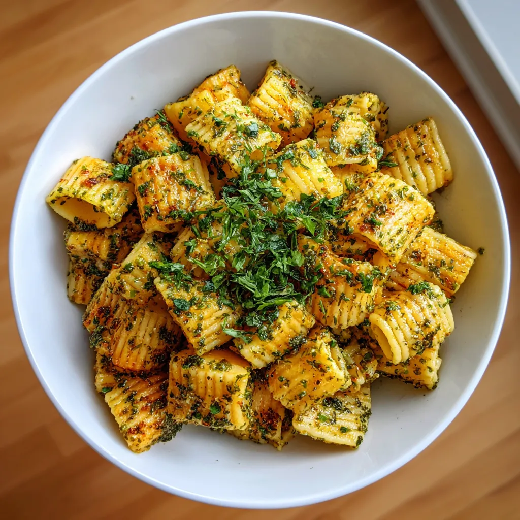 A bowl of pasta with green toppings.