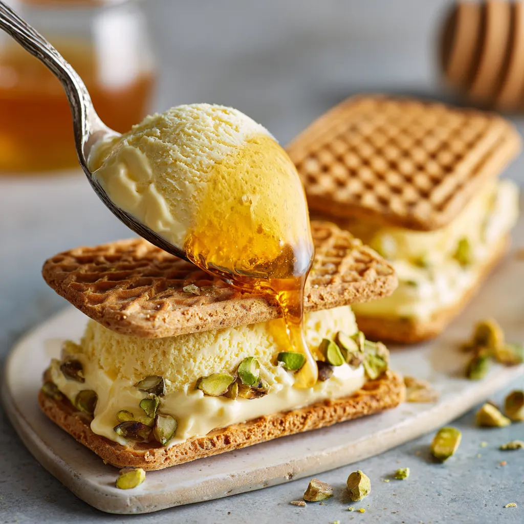 A spoon is drizzling honey over a sandwich made of pistachio ice cream and honeycomb.