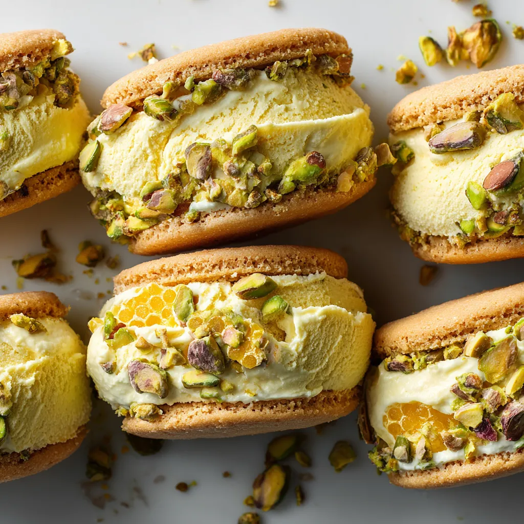 A close up of a yellow and white ice cream sandwich.