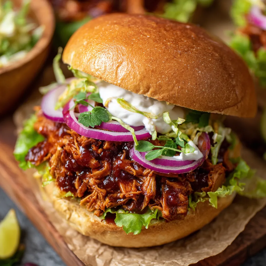 A sandwich with cherry cola jackfruit sloppy joes.