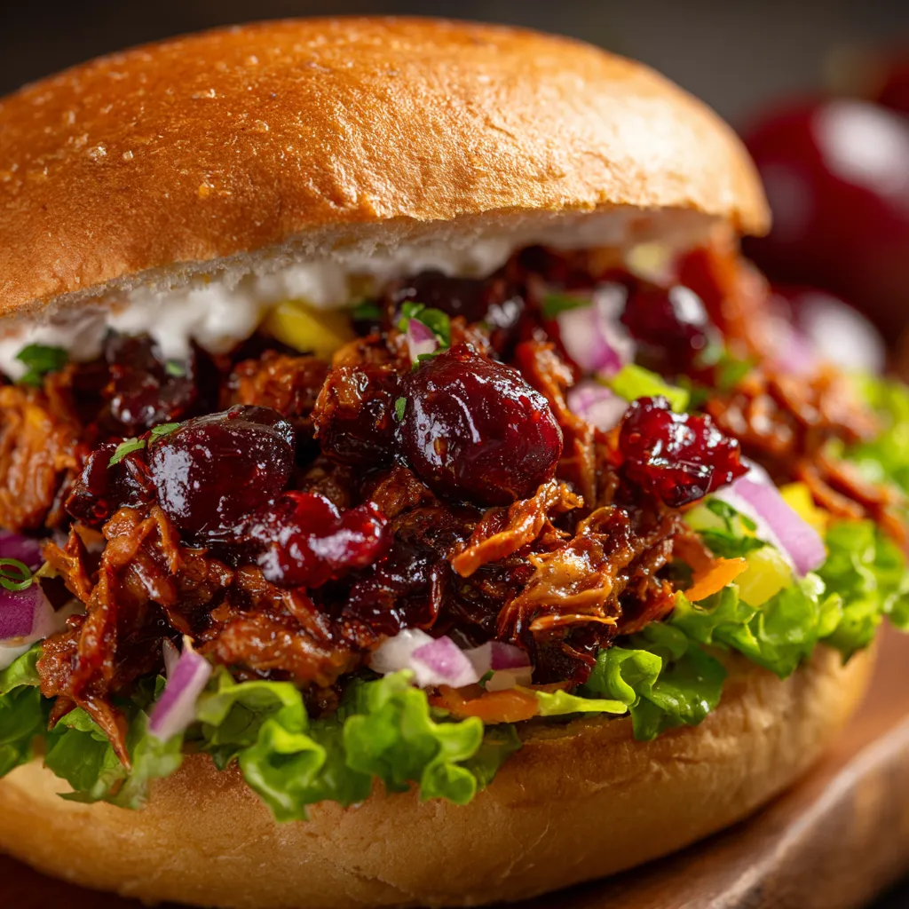 A sandwich with cherry cola jackfruit sloppy joes.