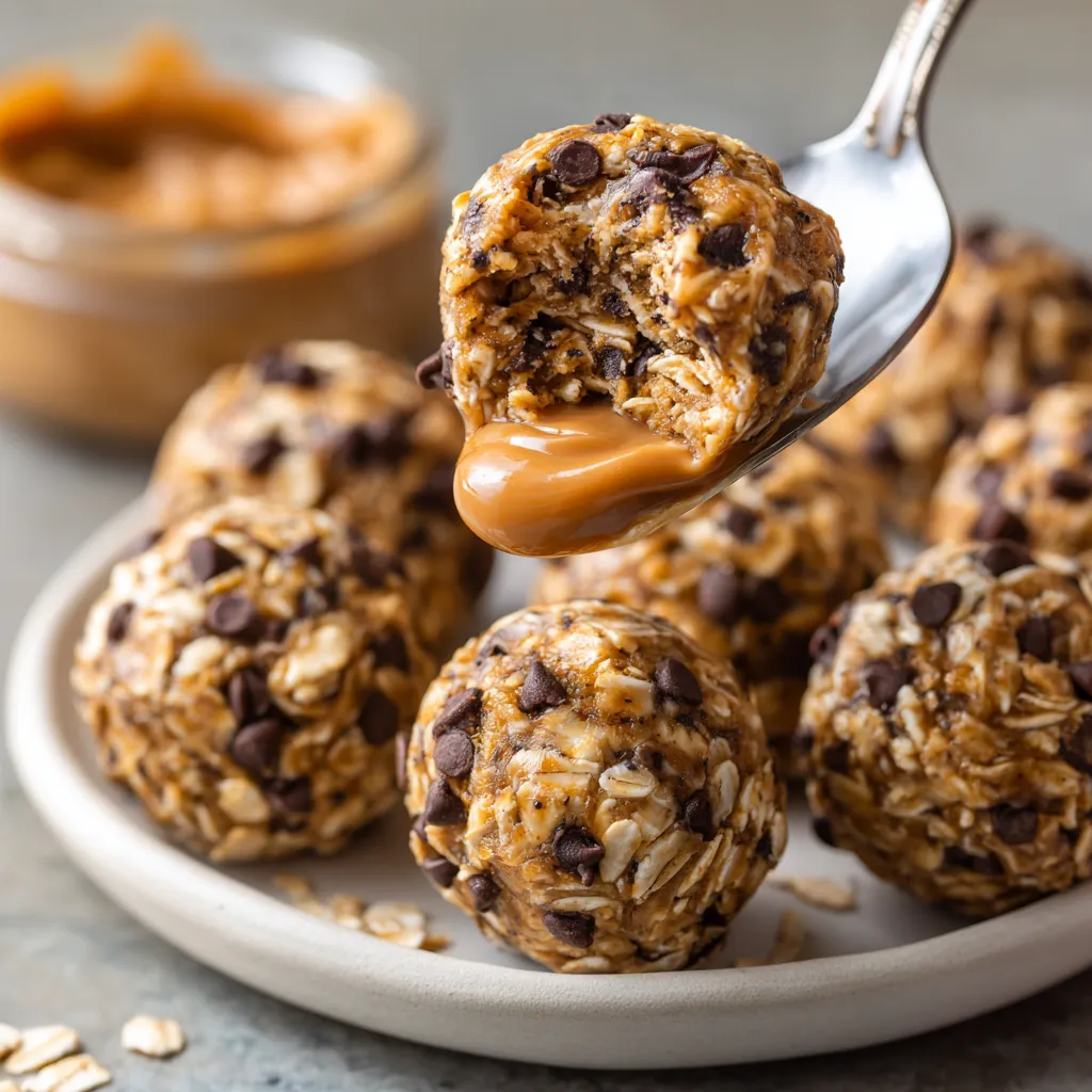 A spoonful of peanut butter is being scooped onto a plate of oat energy bites.