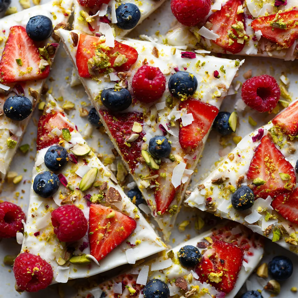 A slice of frozen yogurt bark with berries.