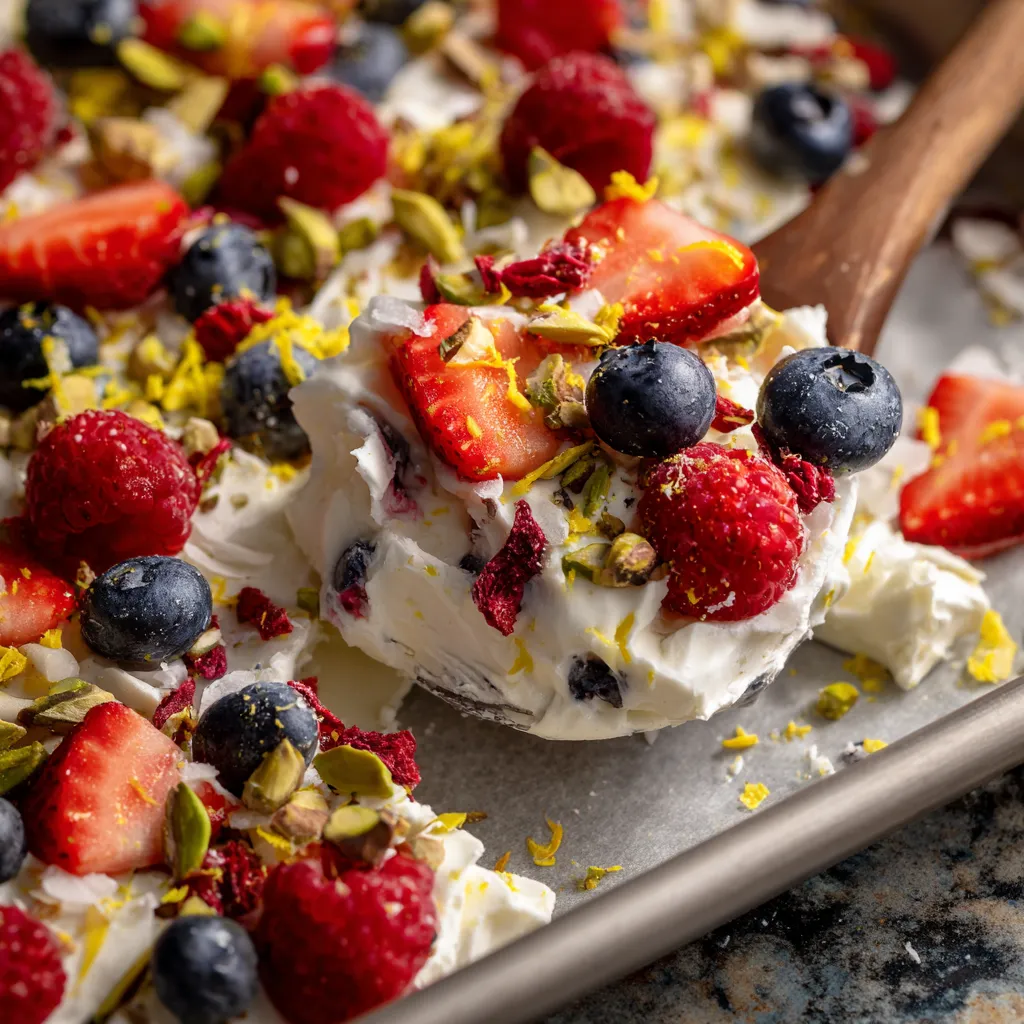 A bowl of frozen yogurt with berries on top.