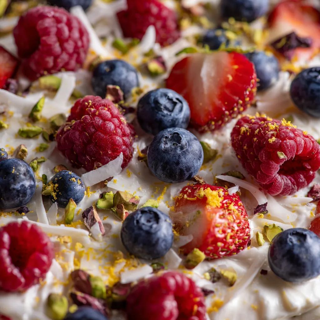 A close up of a frozen yogurt bark with berries.
