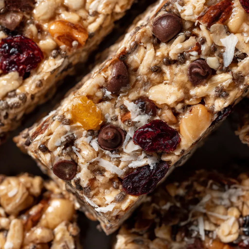 A close up of a granola bar with chocolate chips and raisins.