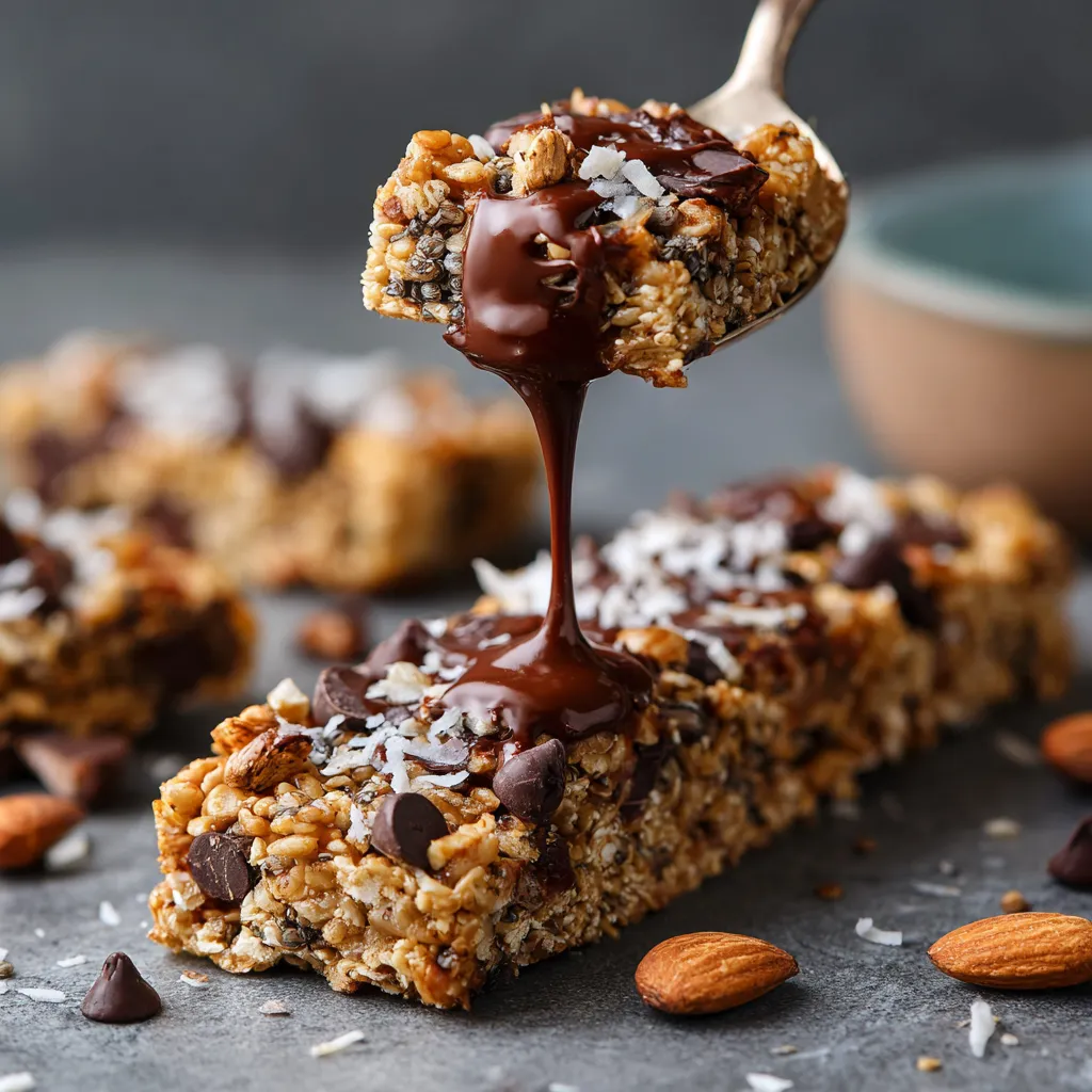 A close up of a chocolate covered granola bar.