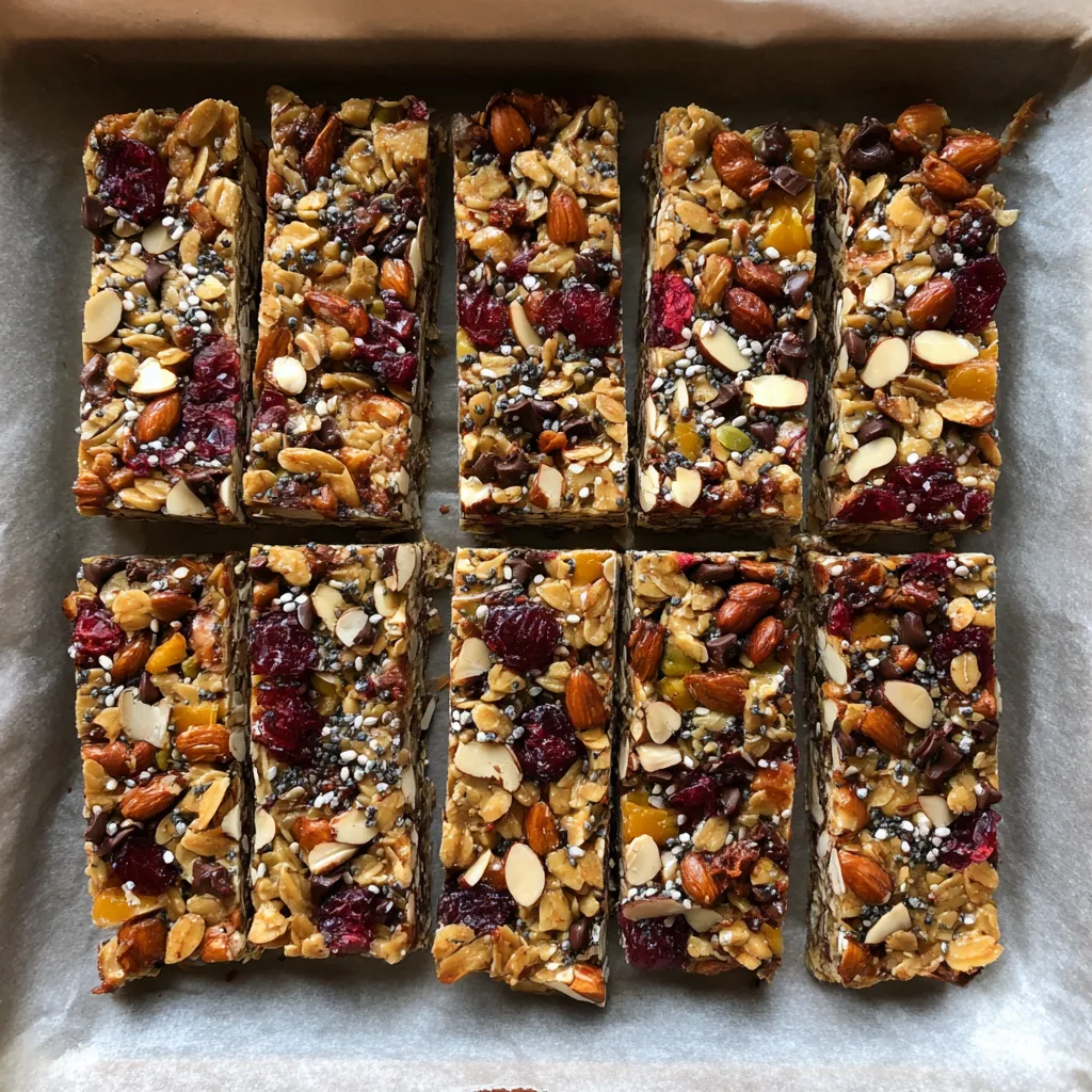 A tray of granola bars with nuts and fruit.