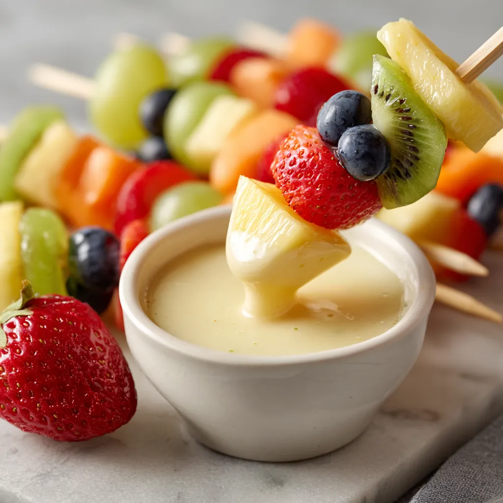 A bowl of yogurt with fruit skewers.
