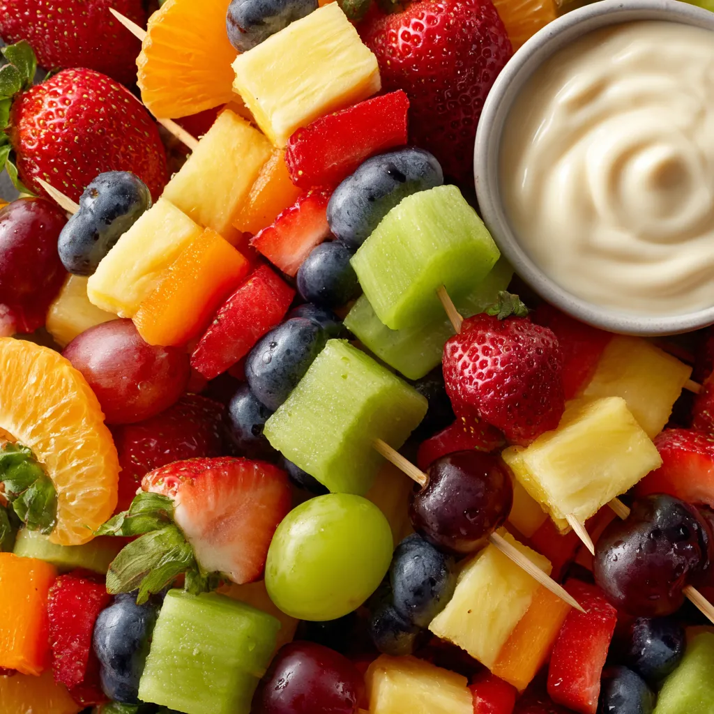 A colorful fruit skewer with yogurt dip.