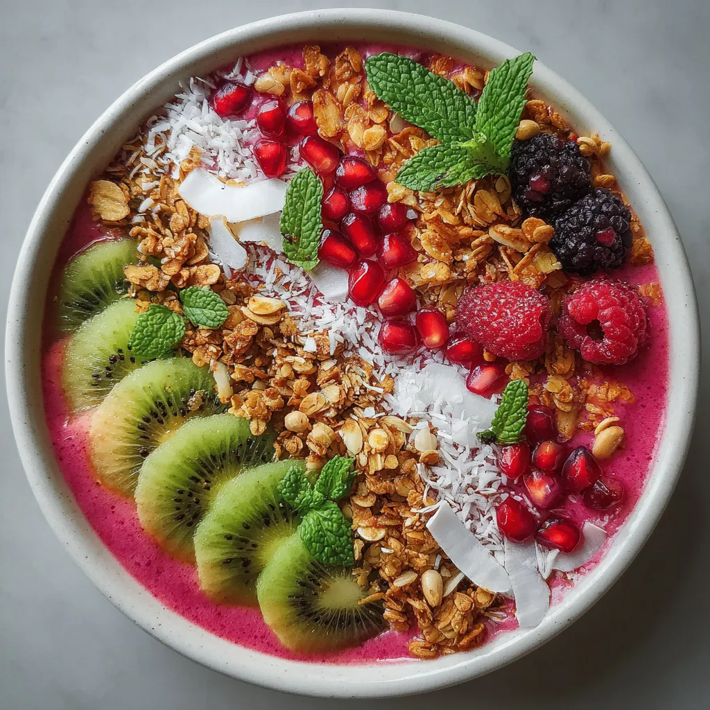 A bowl of exotic smoothie with fruits and nuts.