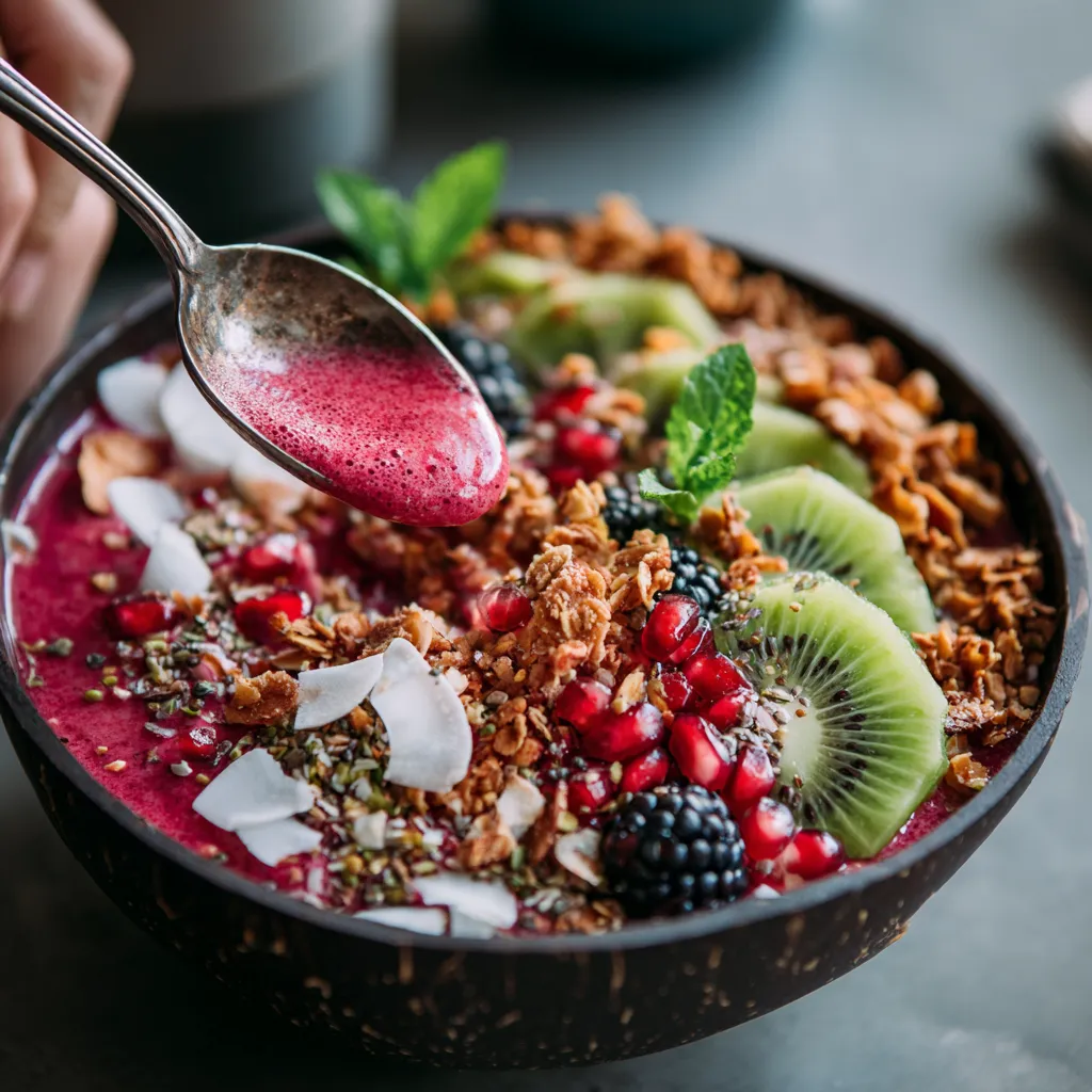 A person is scooping a spoonful of a fruit and berry smoothie.