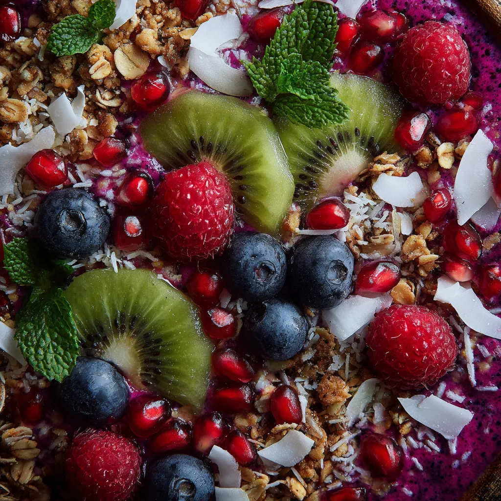 A colorful smoothie bowl with kiwi, blueberries, raspberries, and nuts.
