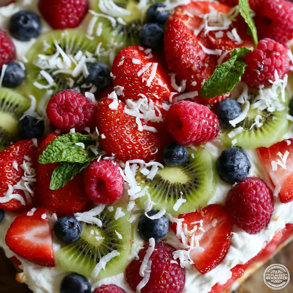 A slice of watermelon pizza with kiwi, strawberries, and blueberries.