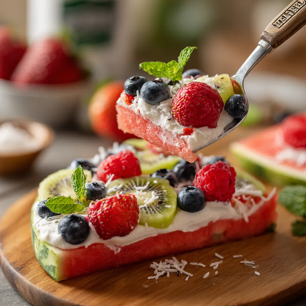 A slice of watermelon pizza with blueberries and kiwi on top.