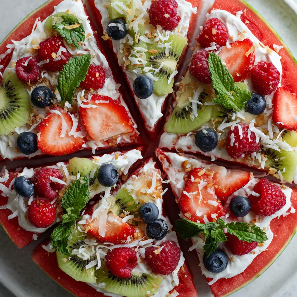 A slice of watermelon pizza with various toppings.