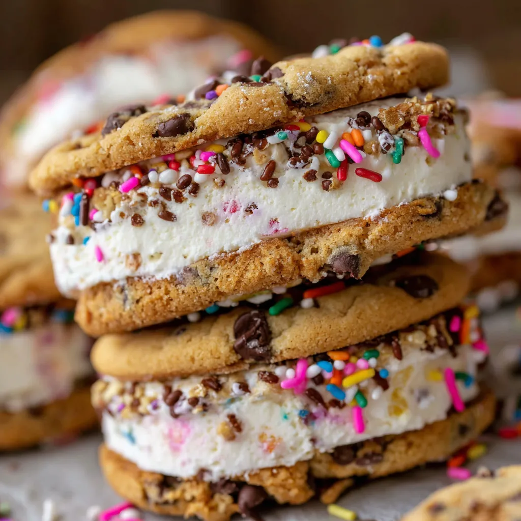 A stack of ice cream sandwiches with chocolate chip cookies.