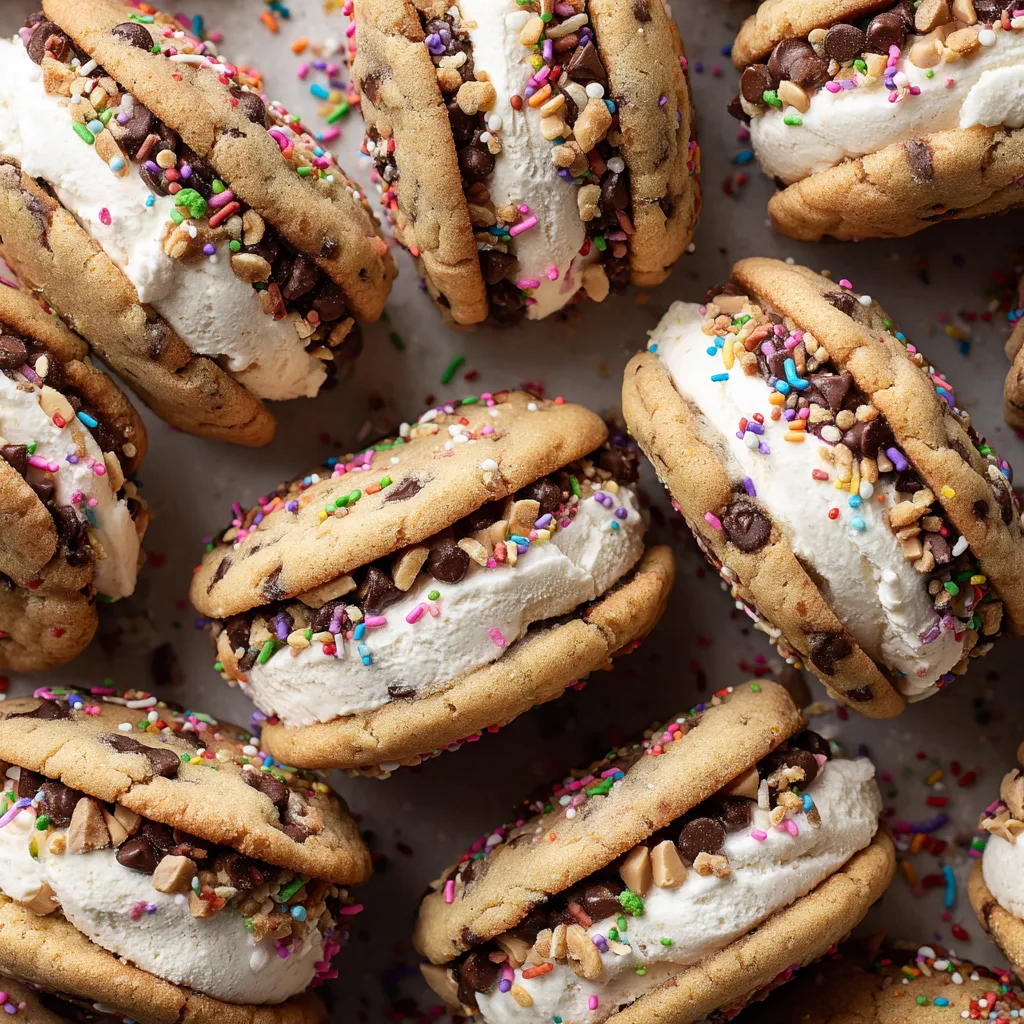 Ice cream cookie sandwiches with white icing.