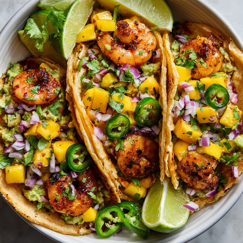 A plate of shrimp tacos with mango salsa.