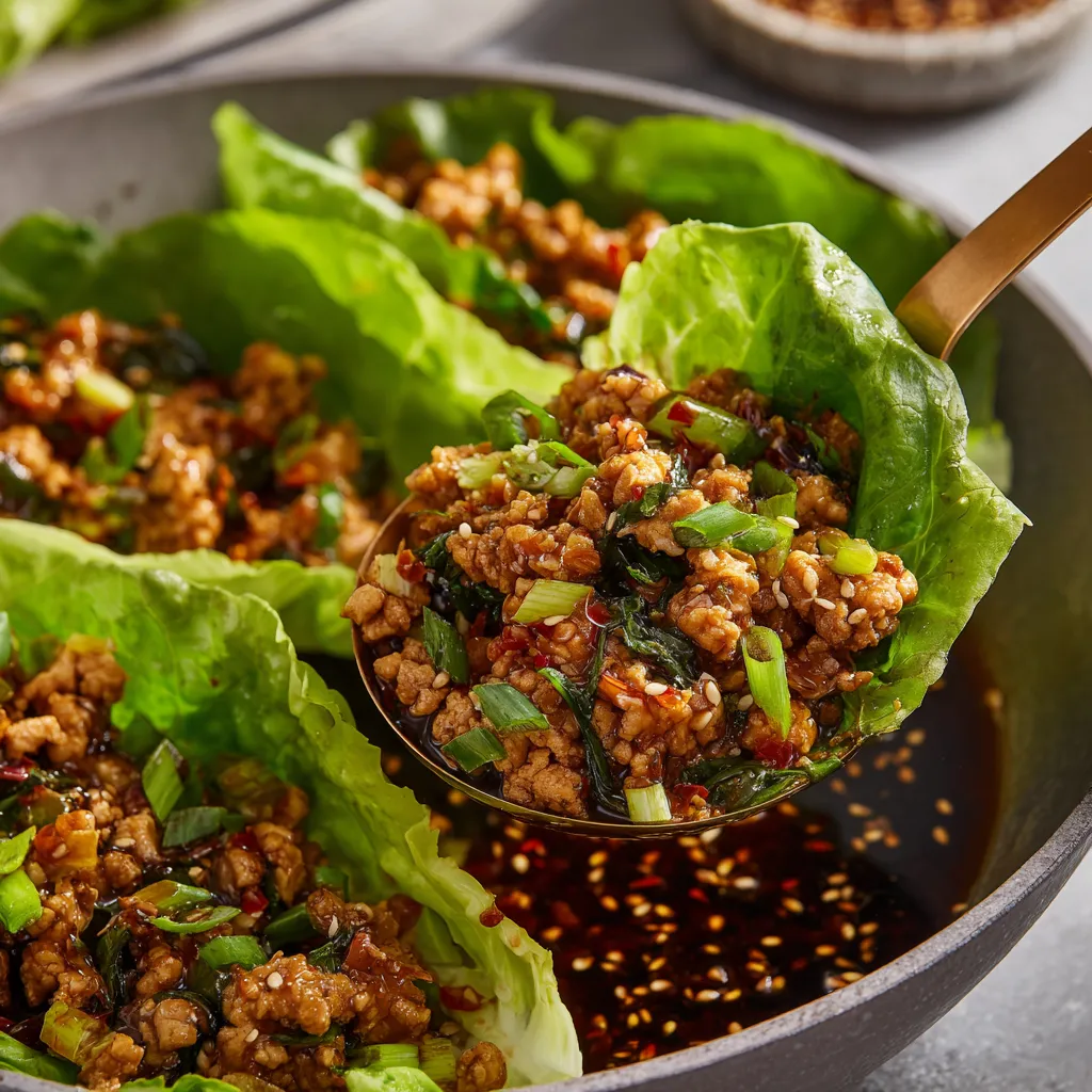 A bowl of Asian chicken lettuce wraps.