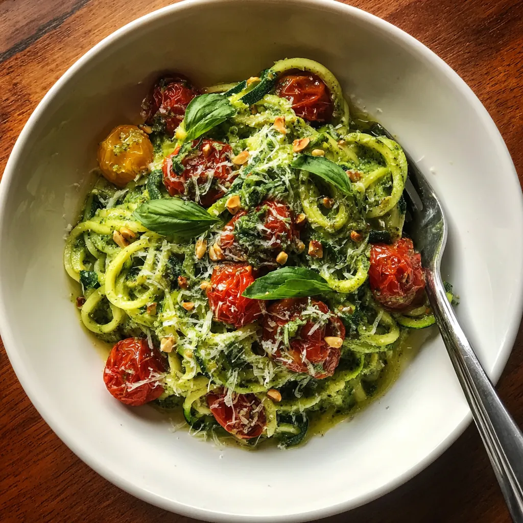 A bowl of zucchini noodles with pesto.