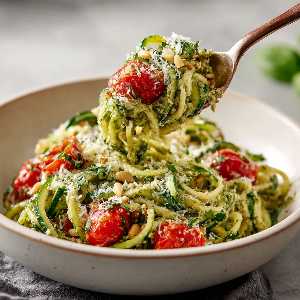 A bowl of zucchini noodles with pesto.