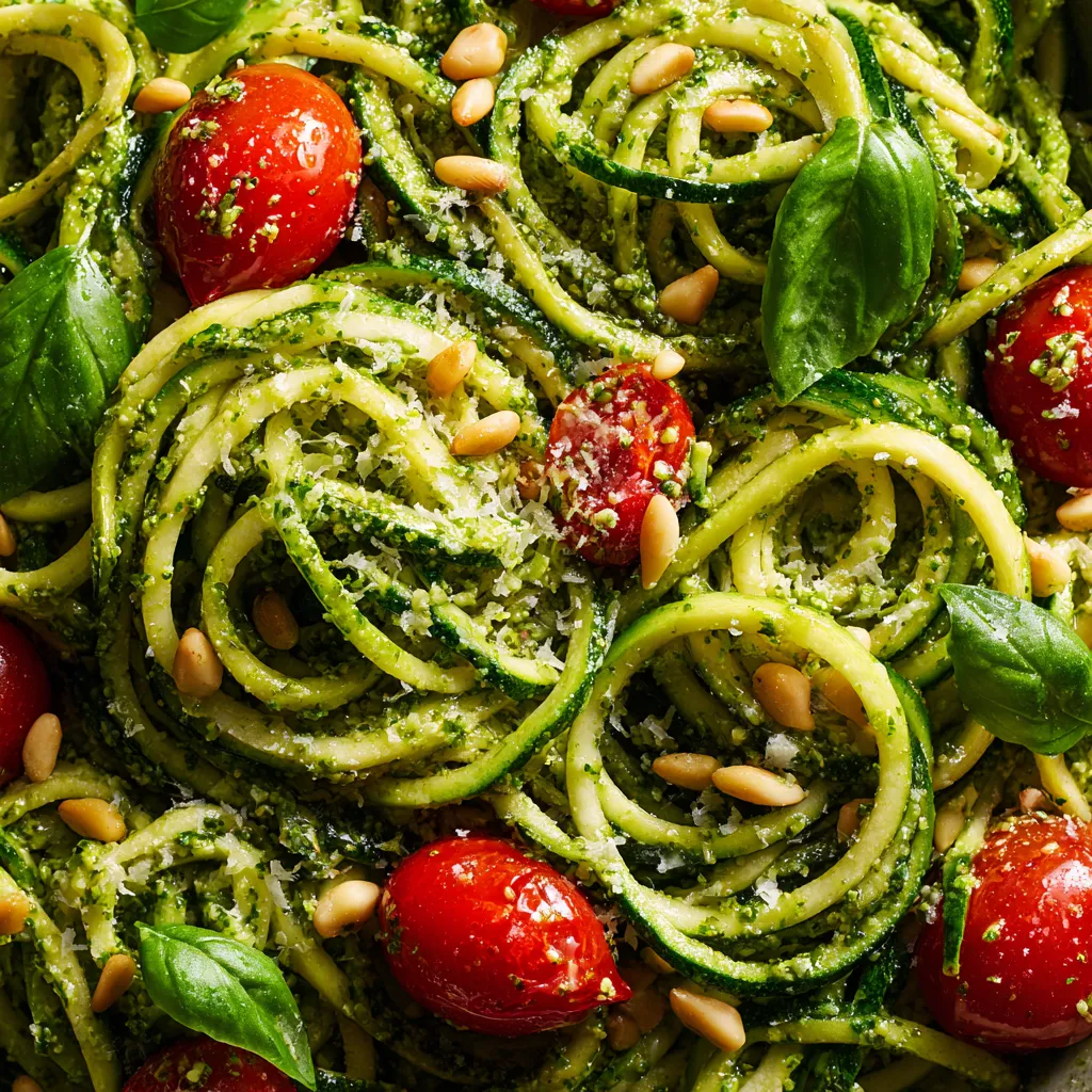 A dish of zucchini noodles with pesto.