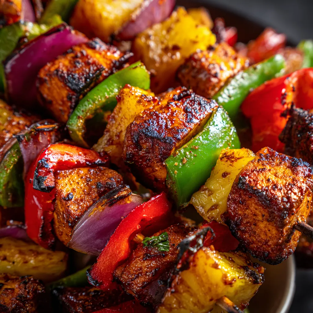 Grilled chicken skewers with pineapple and peppers.