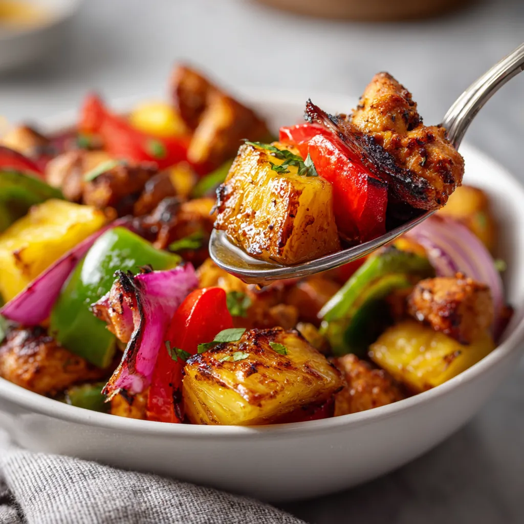 A bowl of grilled chicken and pineapple skewers.