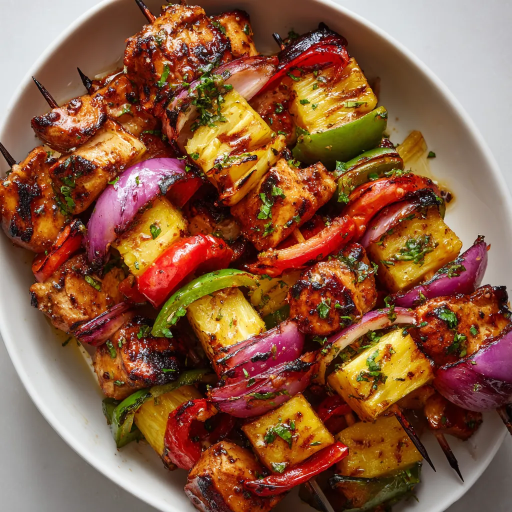 A plate of grilled chicken skewers with pineapple.