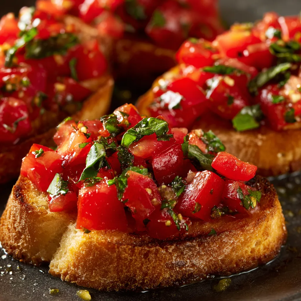 A plate of tomato basil bruschetta.