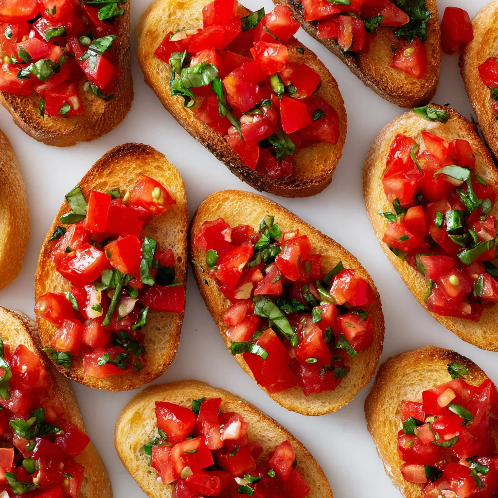 A close up of a tomato basil bruschetta.