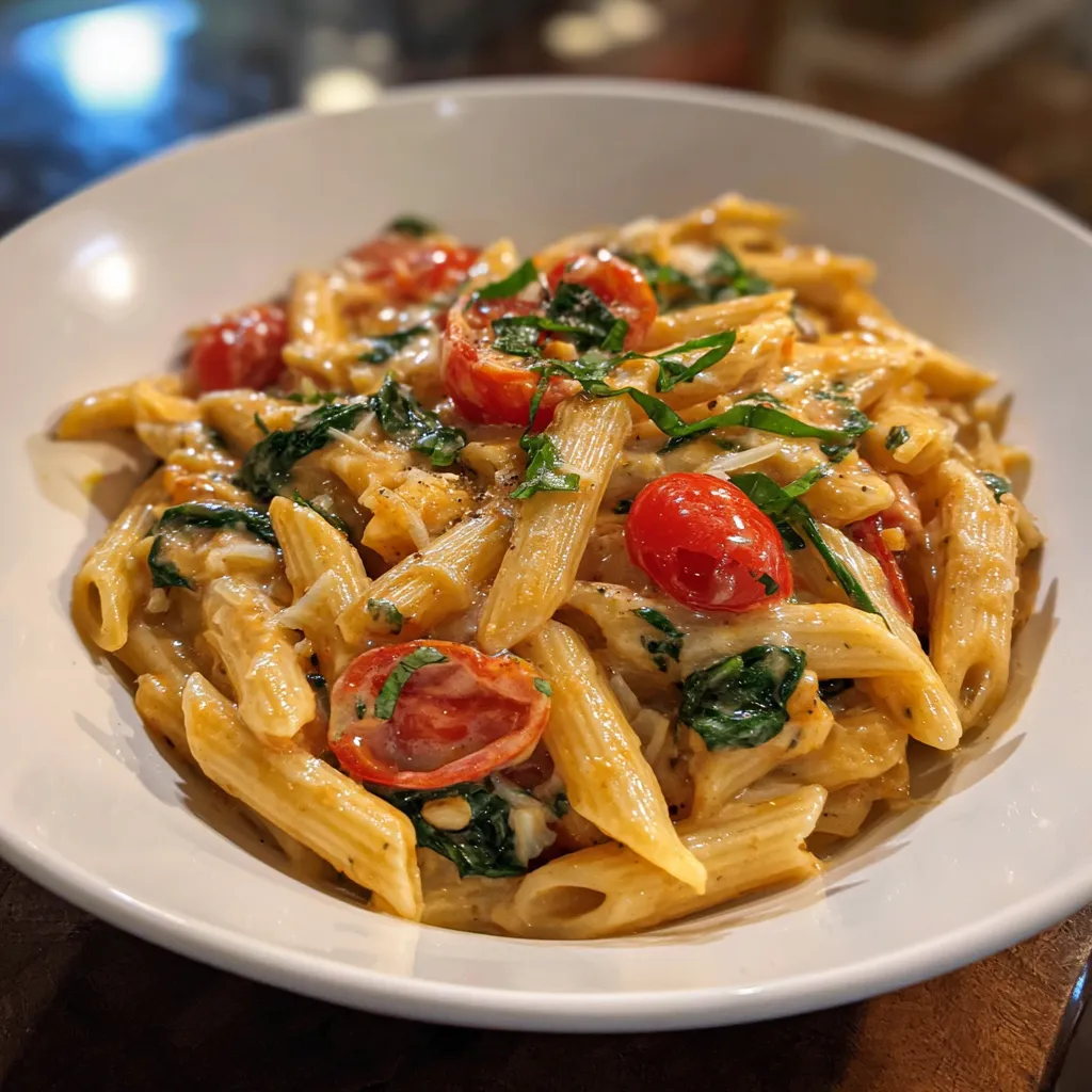 A white plate with a bowl of pasta and tomatoes.