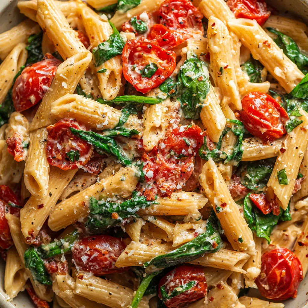 A bowl of pasta with tomatoes and basil.
