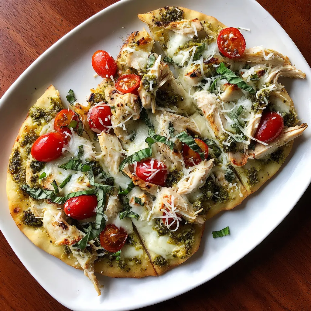 A grilled pesto chicken flatbread with tomatoes and cheese.