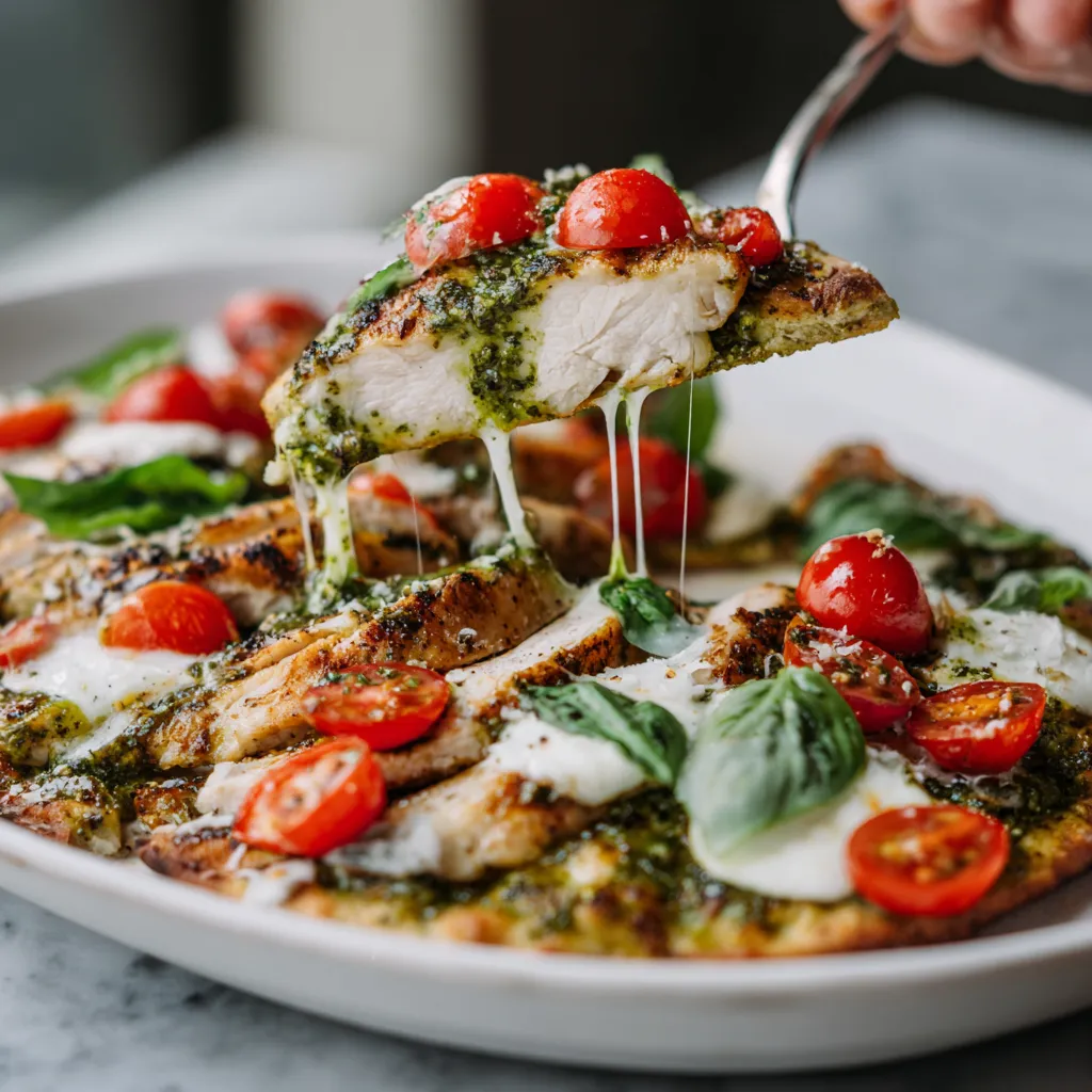 A plate of grilled pesto chicken flatbread.