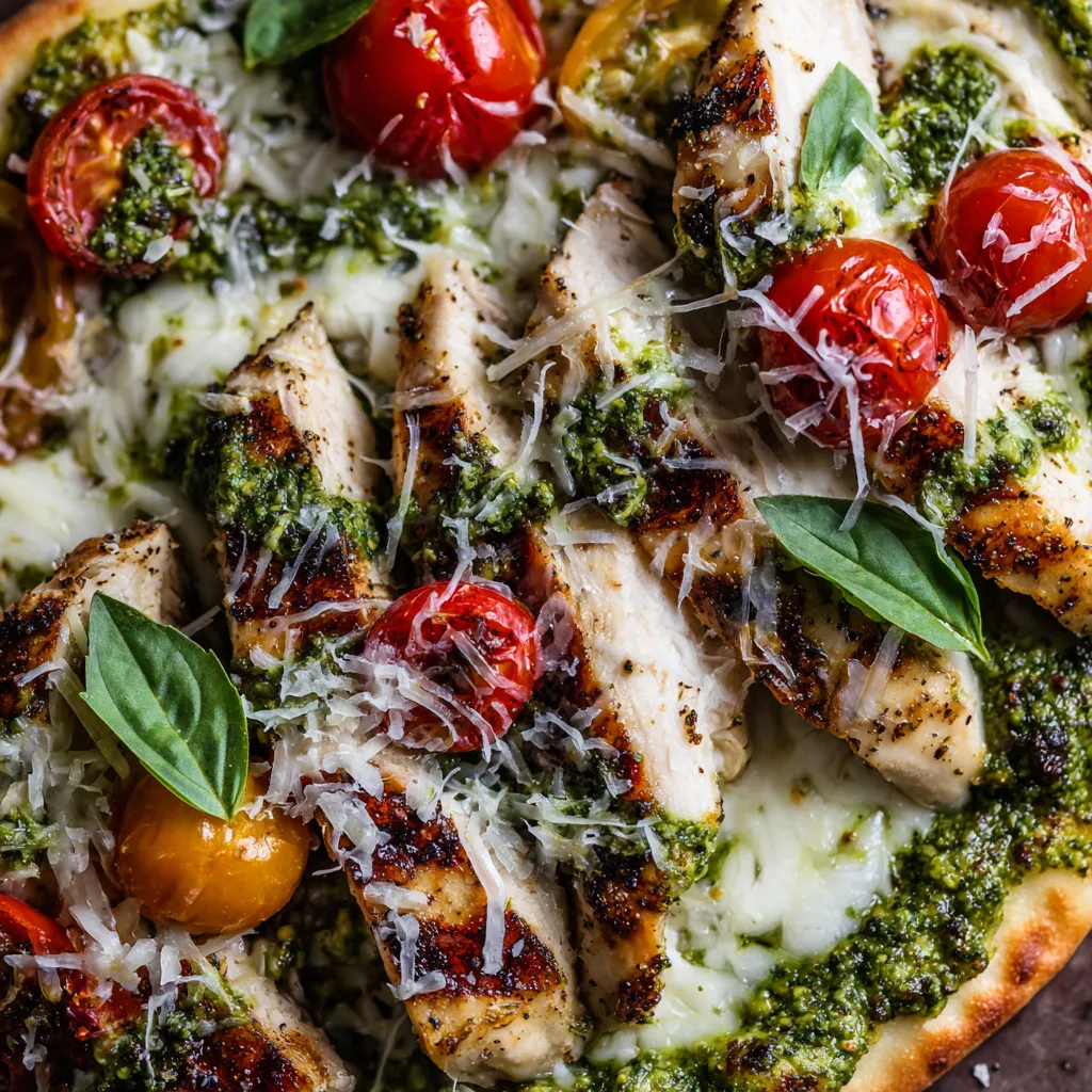 A grilled pesto chicken flatbread with tomatoes and basil.