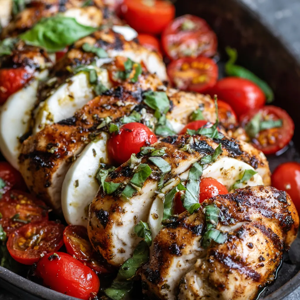 Caprese grilled chicken with tomatoes and basil.