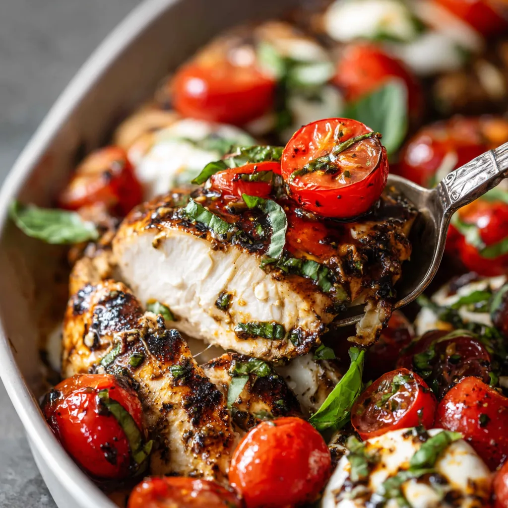 A bowl of grilled chicken with tomatoes and basil.