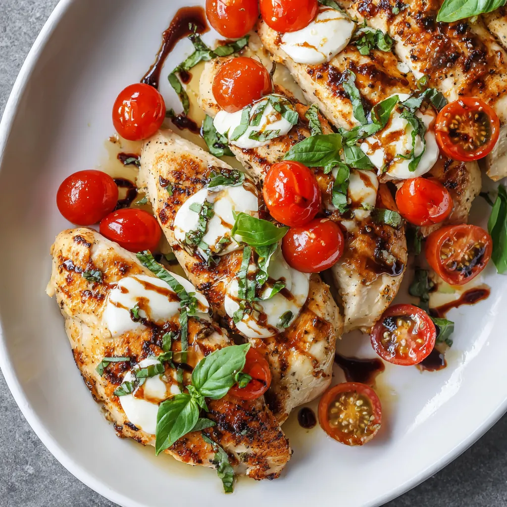 Caprese grilled chicken with tomatoes and basil.