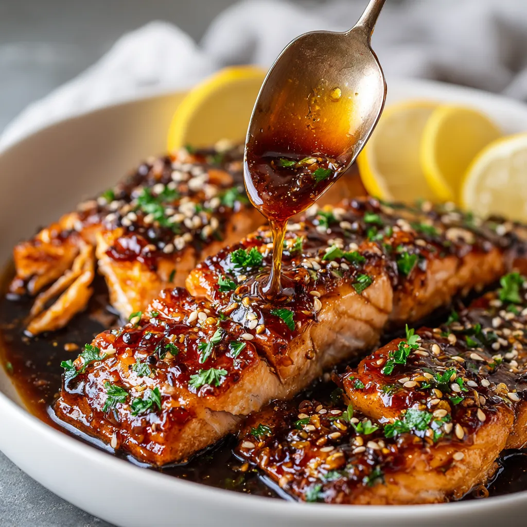 A plate of salmon with a spoonful of honey and garlic sauce.