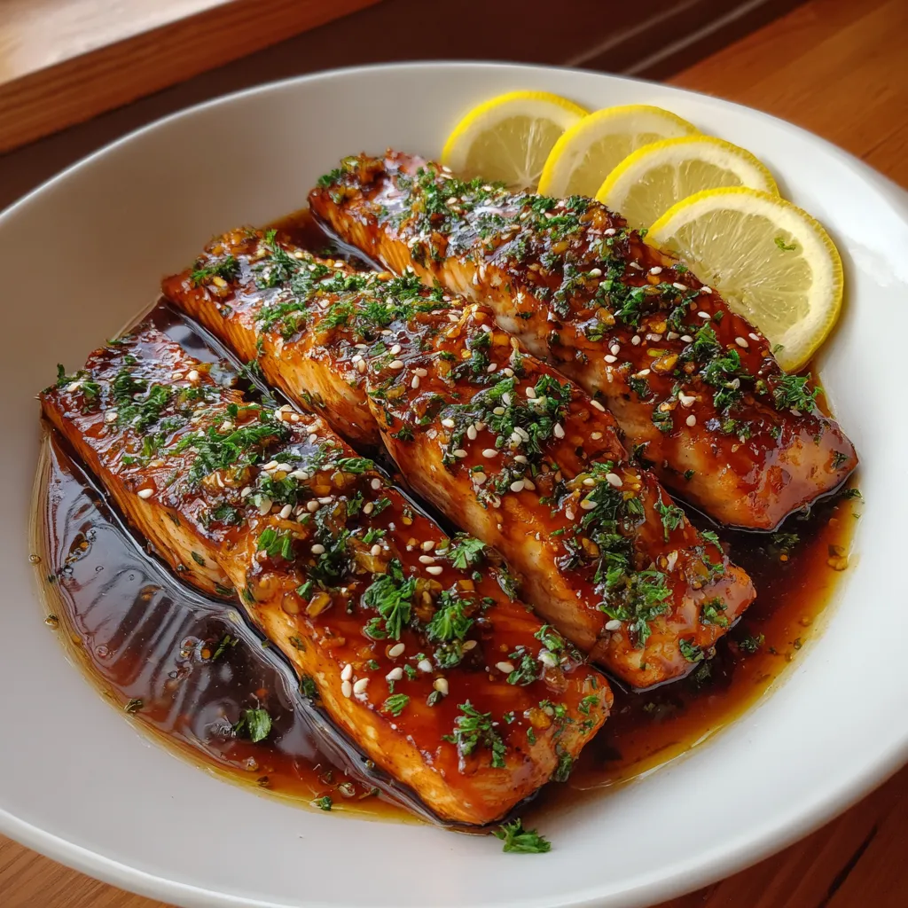 A plate of salmon with a honey garlic glaze.