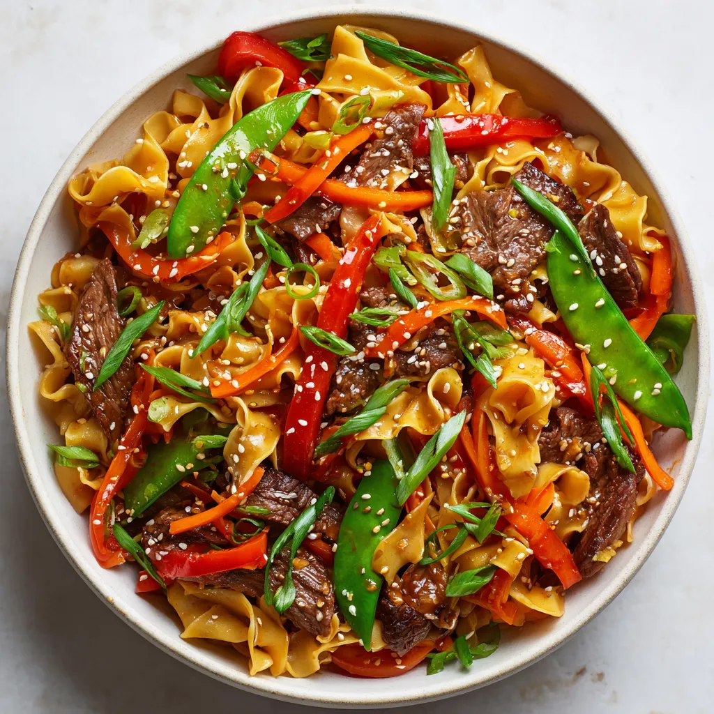 A bowl of beef and vegetables with sesame seeds.
