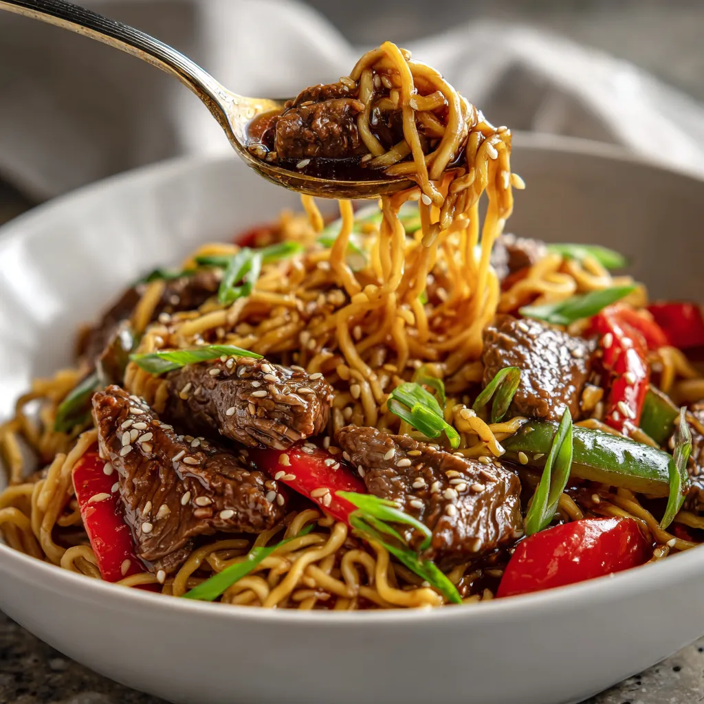 A bowl of beef and noodles with a spoon in it.