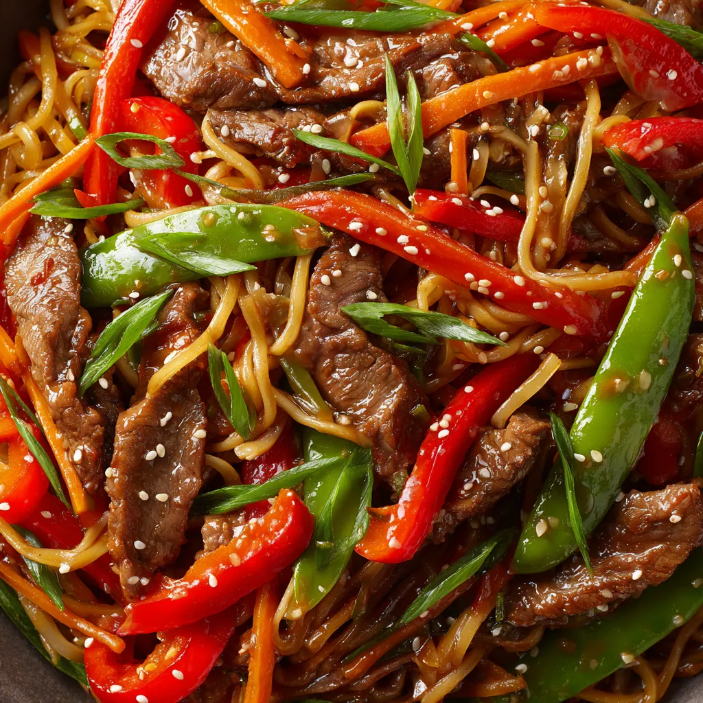A plate of beef and vegetables with a sesame sauce.