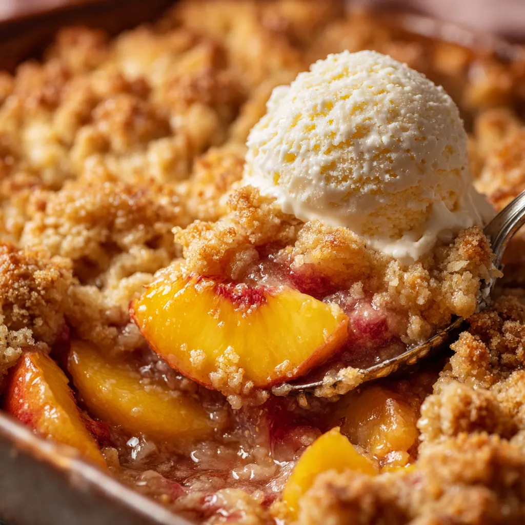 A peach cobbler with a scoop of ice cream on top.