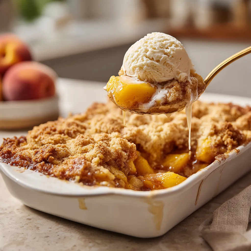 A spoon is being used to scoop ice cream into a peach cobbler.